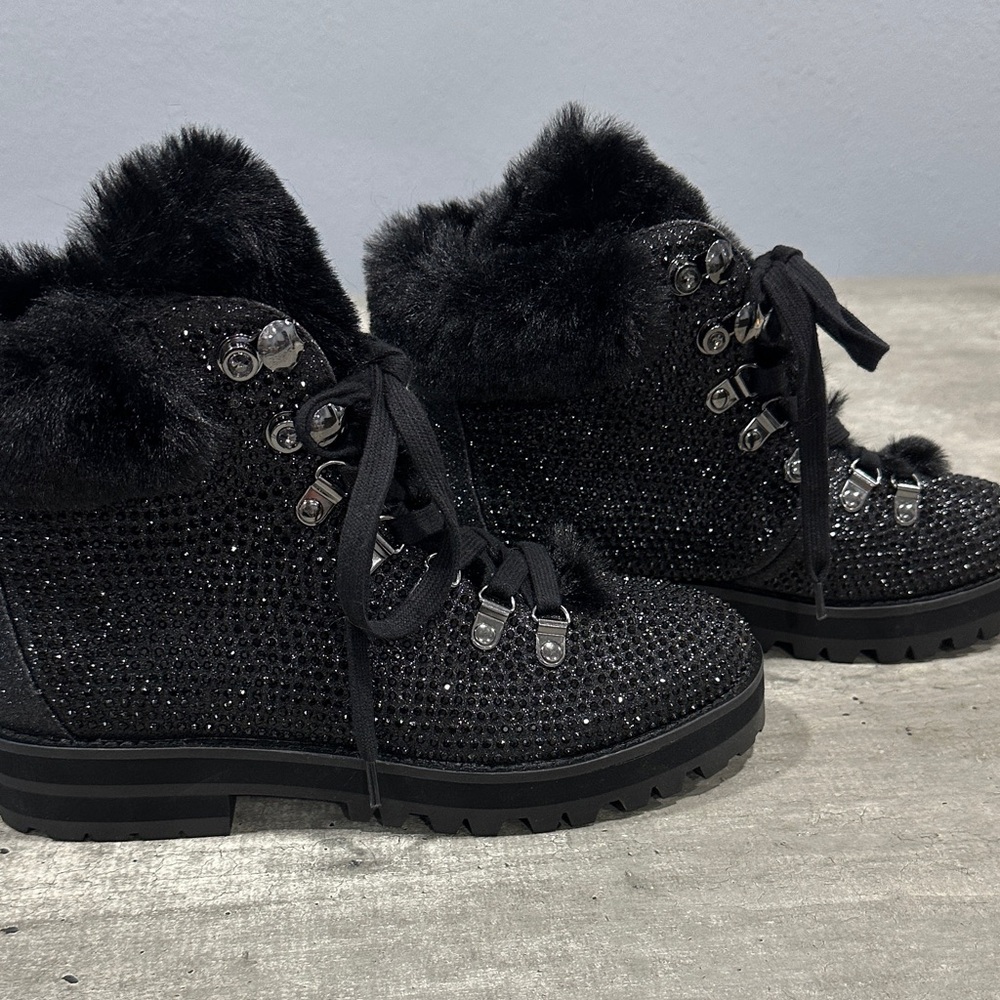 Jessica Simpson Black Sparkle Lace Up Boots - Picture 2 of 5